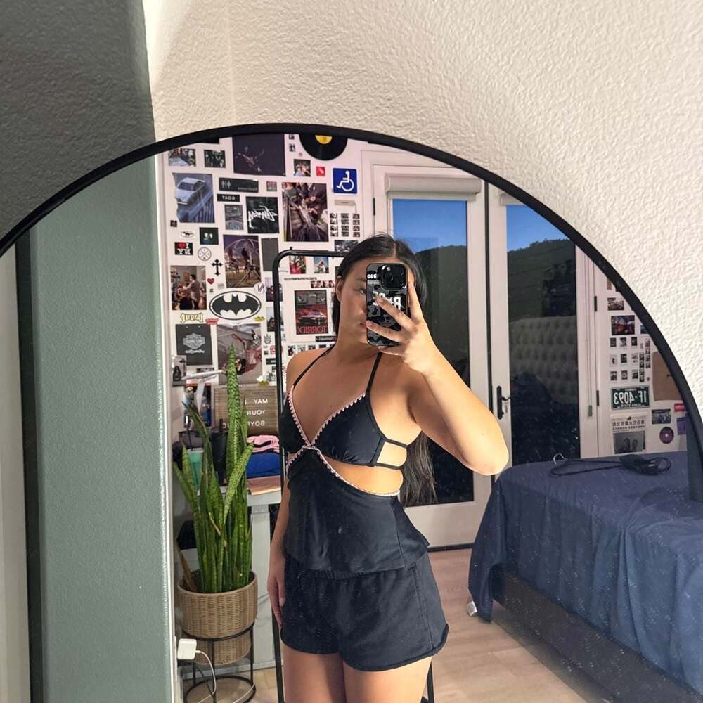 Bathing Suit Black Halter Tank Top with Pink Zigzag Trim